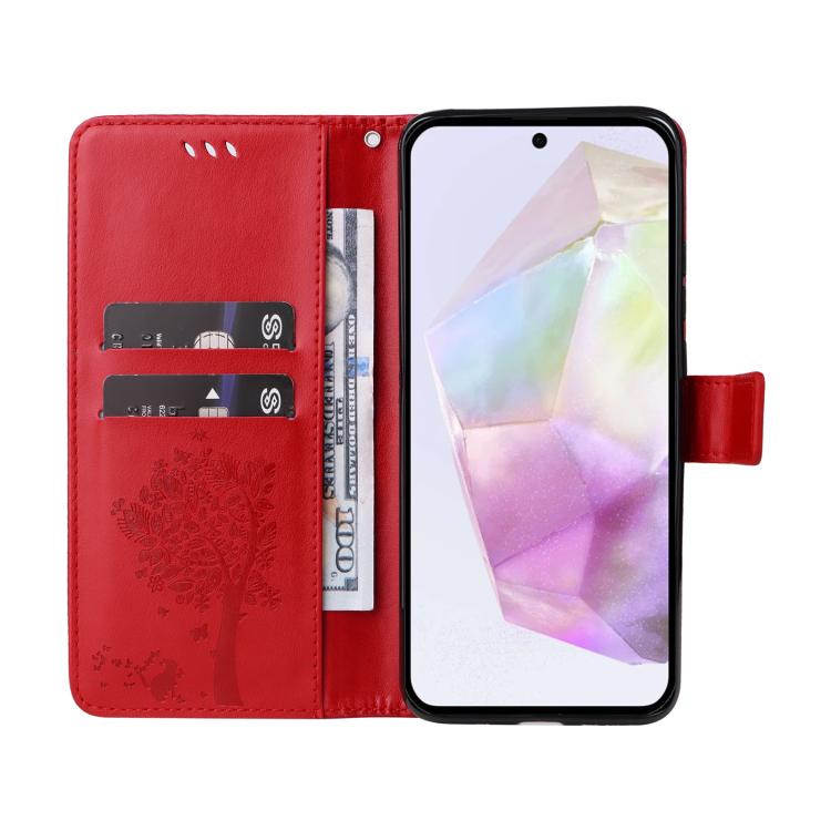 For Samsung Galaxy A56 5G Tree & Cat Embossed Pattern Flip Leather Phone Case