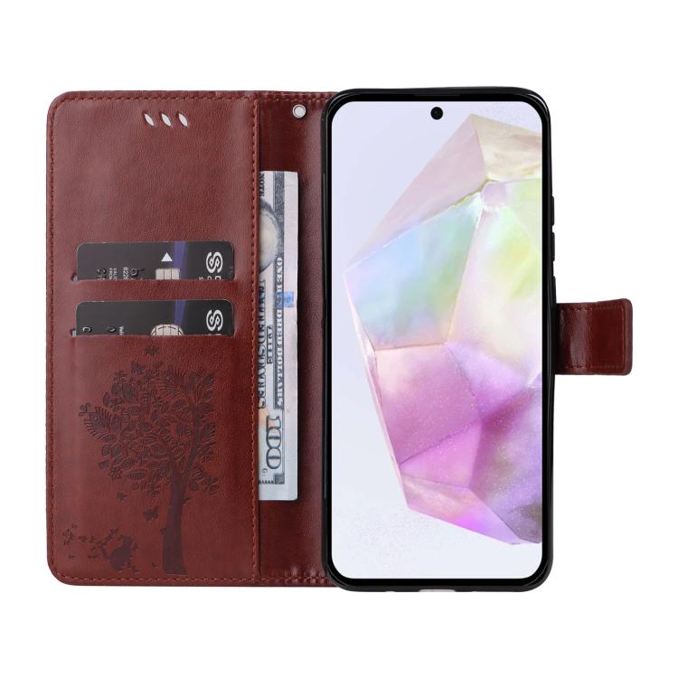 For Samsung Galaxy A56 5G Tree & Cat Embossed Pattern Flip Leather Phone Case
