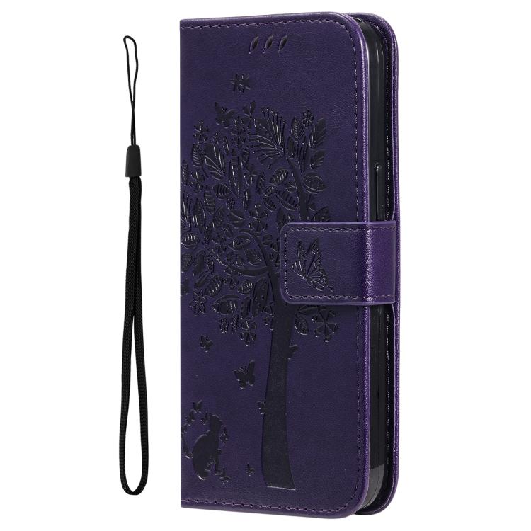 For Samsung Galaxy A56 5G Tree & Cat Embossed Pattern Flip Leather Phone Case