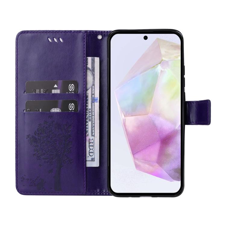 For Samsung Galaxy A56 5G Tree & Cat Embossed Pattern Flip Leather Phone Case
