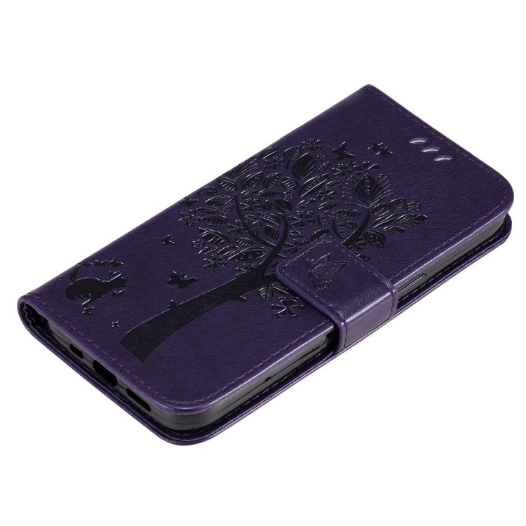 For Samsung Galaxy A56 5G Tree & Cat Embossed Pattern Flip Leather Phone Case