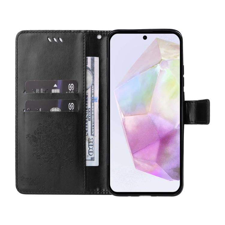 For Samsung Galaxy A56 5G Tree & Cat Embossed Pattern Flip Leather Phone Case