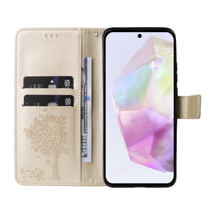 For Samsung Galaxy A56 5G Tree & Cat Embossed Pattern Flip Leather Phone Case