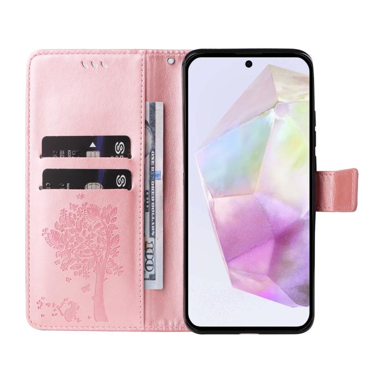 For Samsung Galaxy A56 5G Tree & Cat Embossed Pattern Flip Leather Phone Case