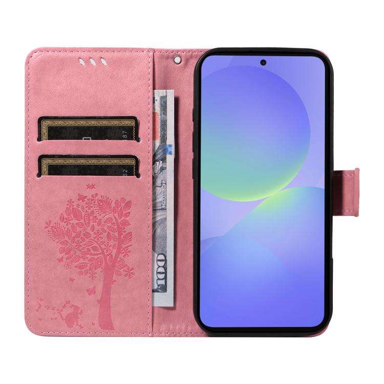 For Samsung Galaxy A37 5G Tree & Cat Embossed Pattern Flip Leather Phone Case