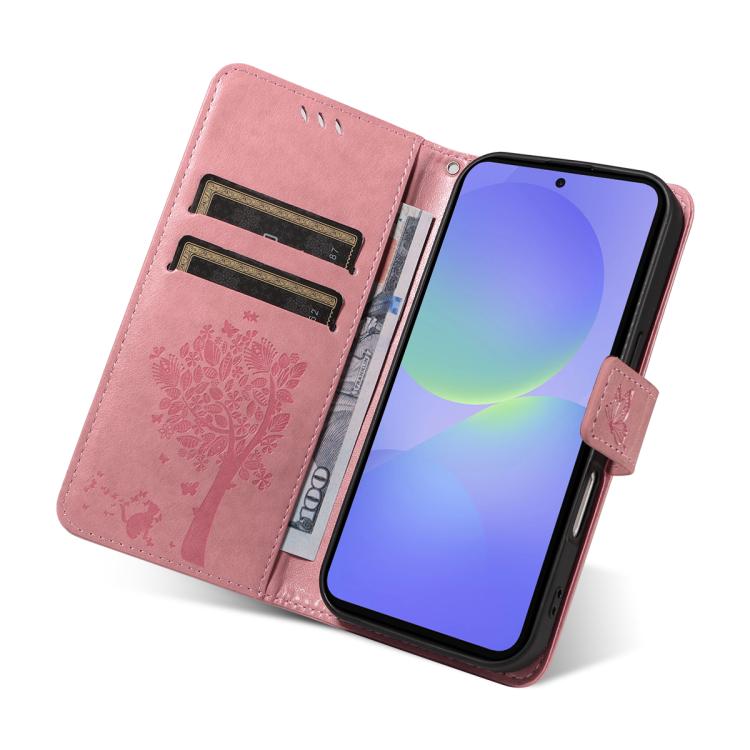 For Samsung Galaxy A37 5G Tree & Cat Embossed Pattern Flip Leather Phone Case