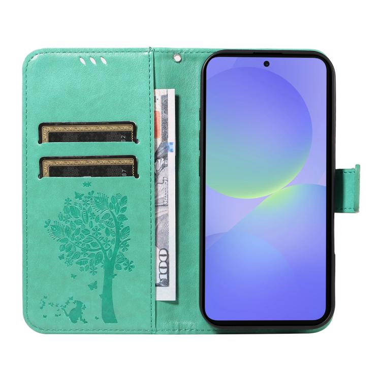 For Samsung Galaxy A37 5G Tree & Cat Embossed Pattern Flip Leather Phone Case