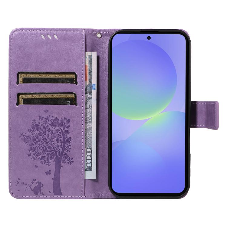 For Samsung Galaxy A37 5G Tree & Cat Embossed Pattern Flip Leather Phone Case