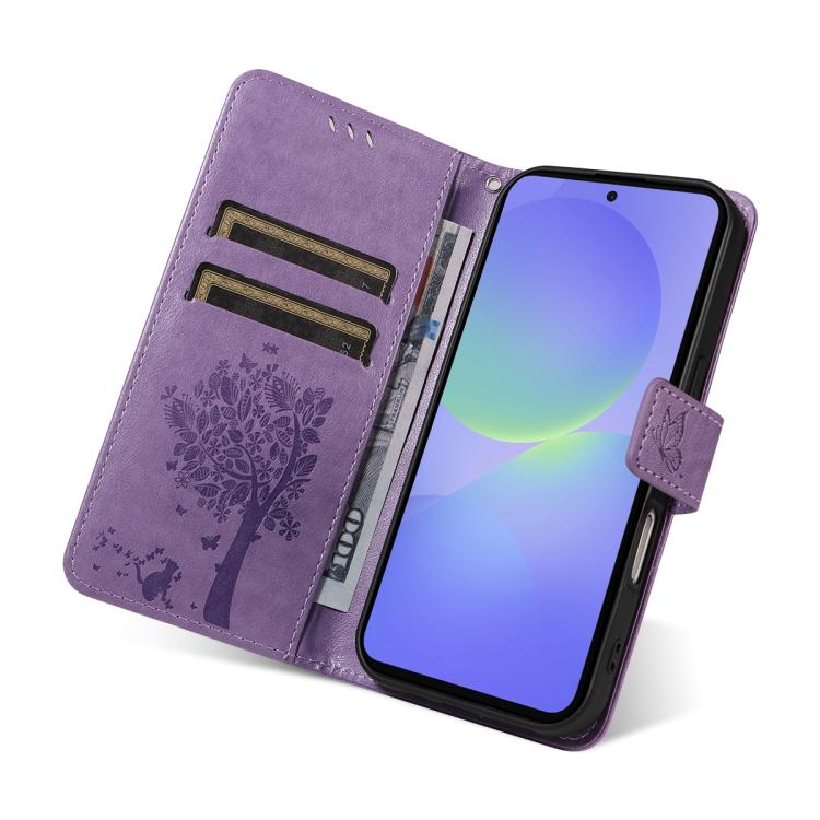 For Samsung Galaxy A37 5G Tree & Cat Embossed Pattern Flip Leather Phone Case
