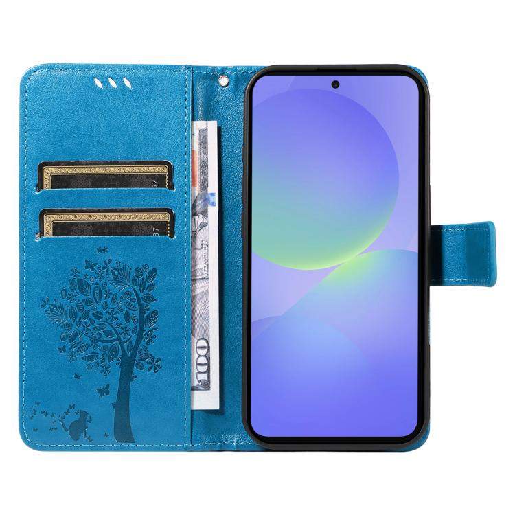 For Samsung Galaxy A37 5G Tree & Cat Embossed Pattern Flip Leather Phone Case