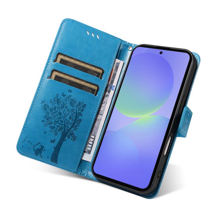 For Samsung Galaxy A37 5G Tree & Cat Embossed Pattern Flip Leather Phone Case