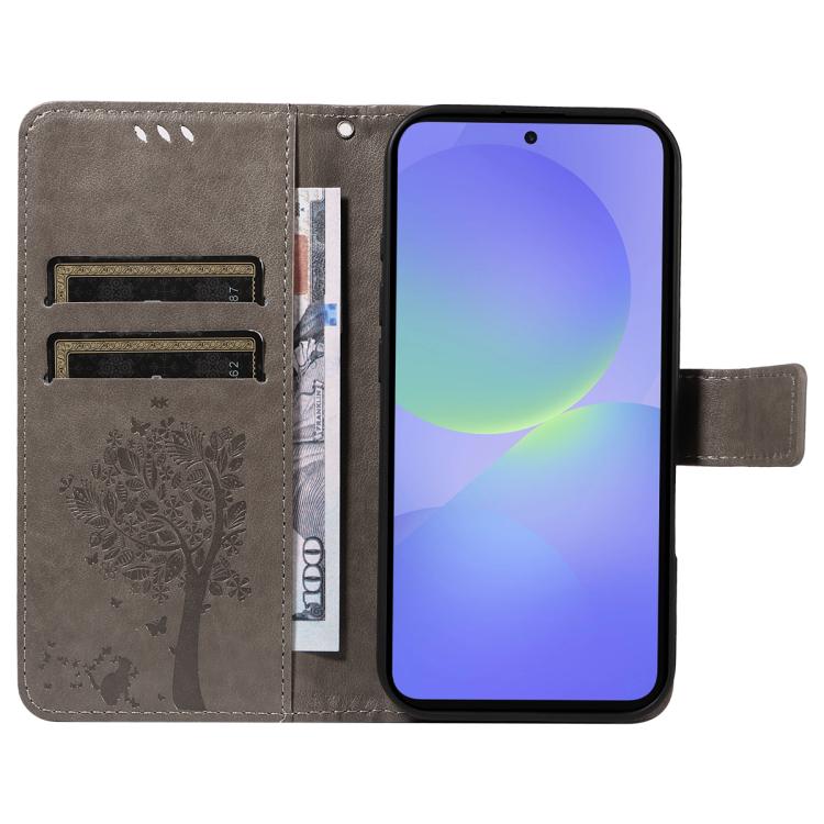 For Samsung Galaxy A37 5G Tree & Cat Embossed Pattern Flip Leather Phone Case