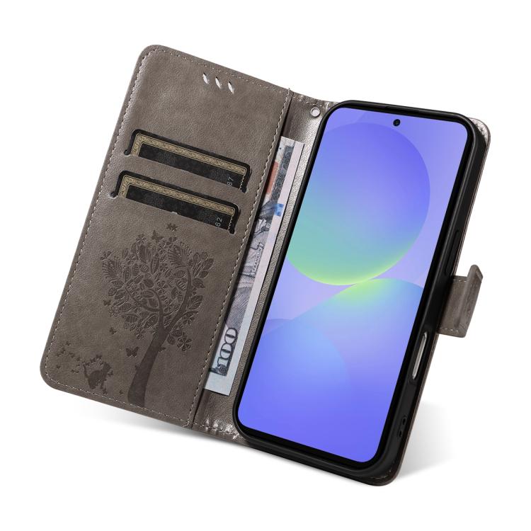 For Samsung Galaxy A37 5G Tree & Cat Embossed Pattern Flip Leather Phone Case