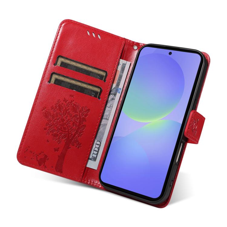 For Samsung Galaxy A37 5G Tree & Cat Embossed Pattern Flip Leather Phone Case