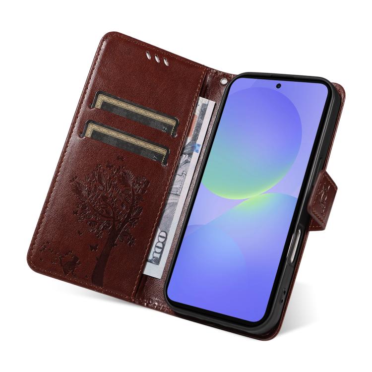 For Samsung Galaxy A37 5G Tree & Cat Embossed Pattern Flip Leather Phone Case