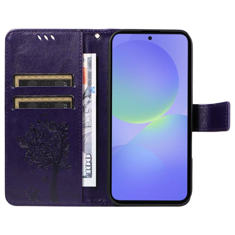 For Samsung Galaxy A37 5G Tree & Cat Embossed Pattern Flip Leather Phone Case