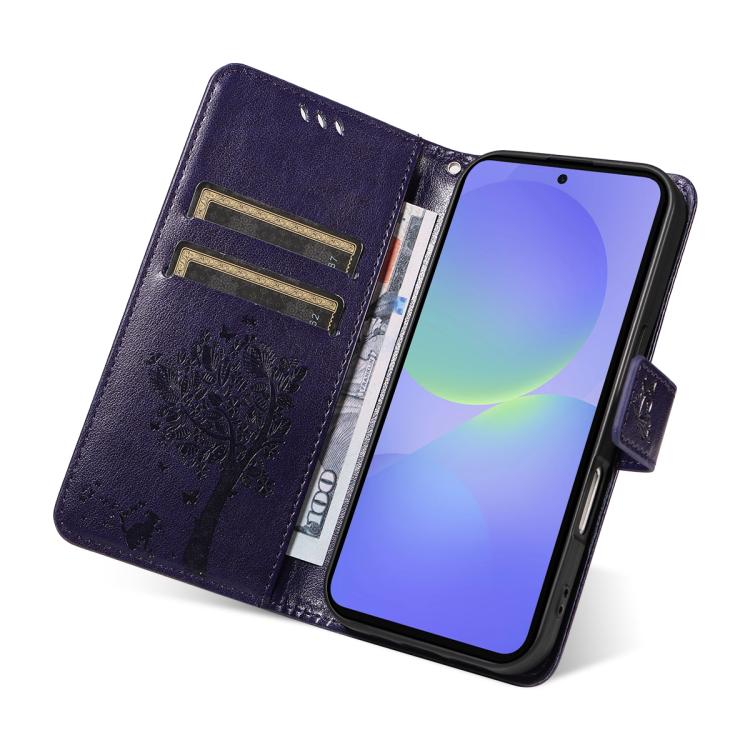 For Samsung Galaxy A37 5G Tree & Cat Embossed Pattern Flip Leather Phone Case