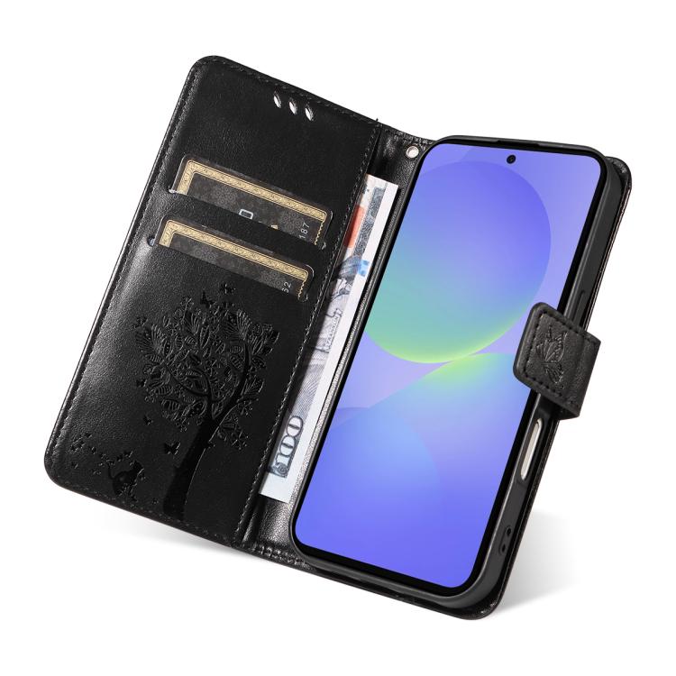 For Samsung Galaxy A37 5G Tree & Cat Embossed Pattern Flip Leather Phone Case