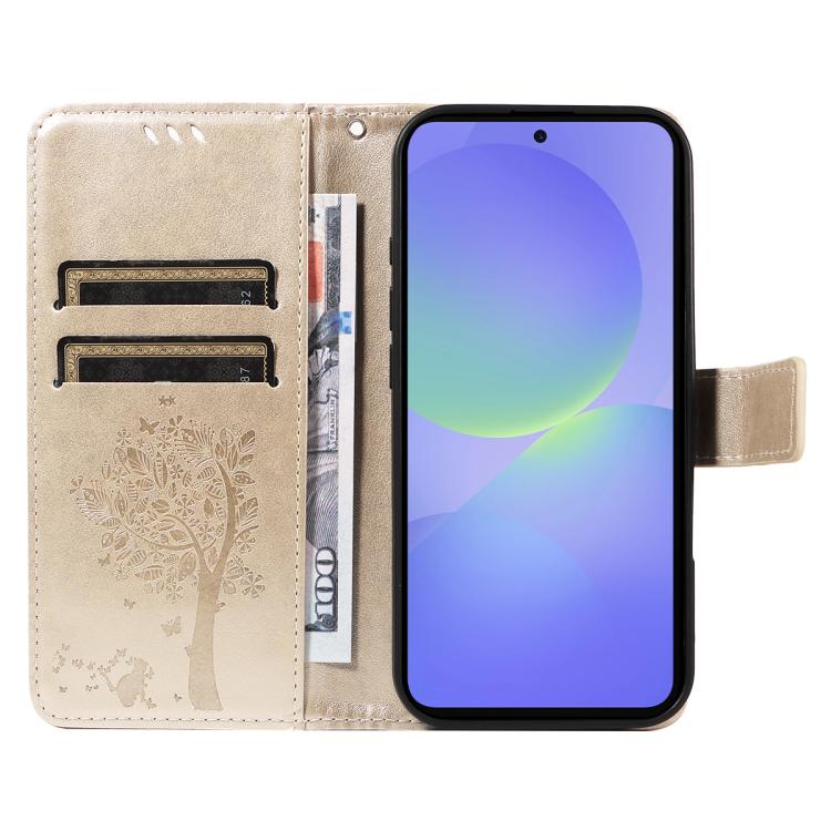 For Samsung Galaxy A37 5G Tree & Cat Embossed Pattern Flip Leather Phone Case