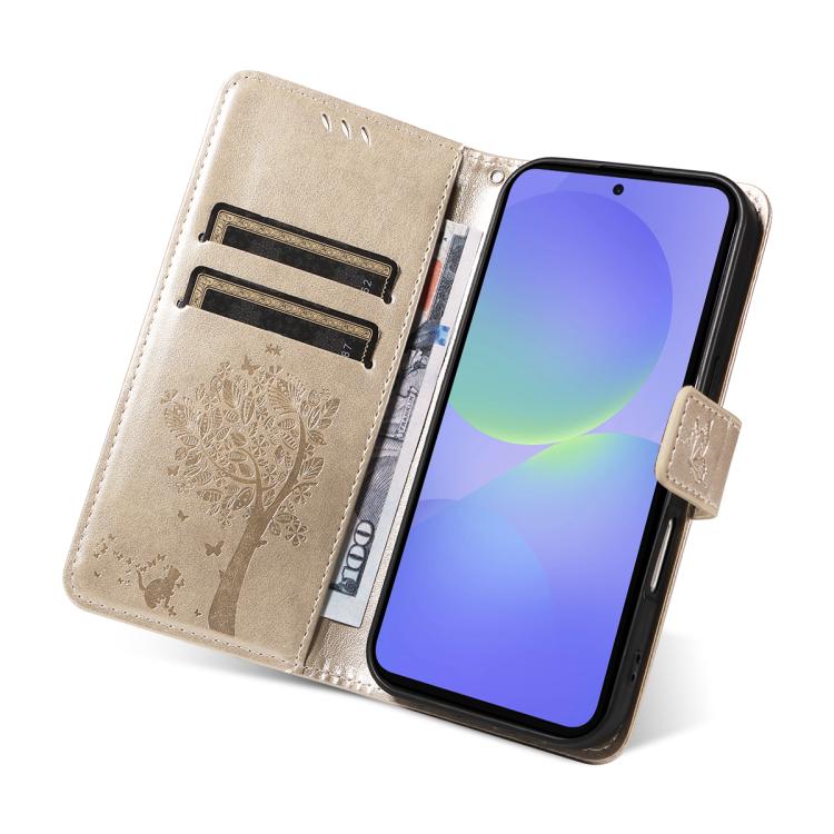 For Samsung Galaxy A37 5G Tree & Cat Embossed Pattern Flip Leather Phone Case