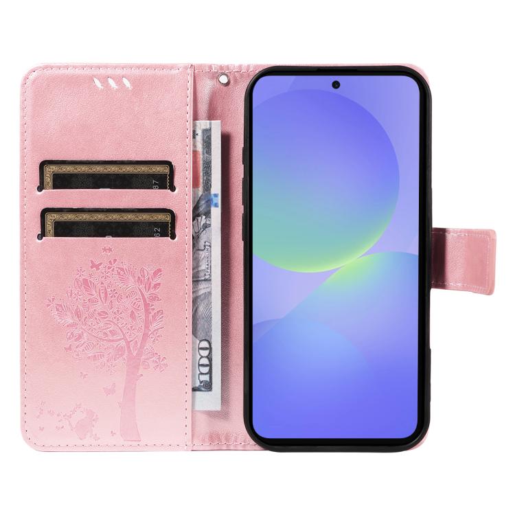 For Samsung Galaxy A37 5G Tree & Cat Embossed Pattern Flip Leather Phone Case