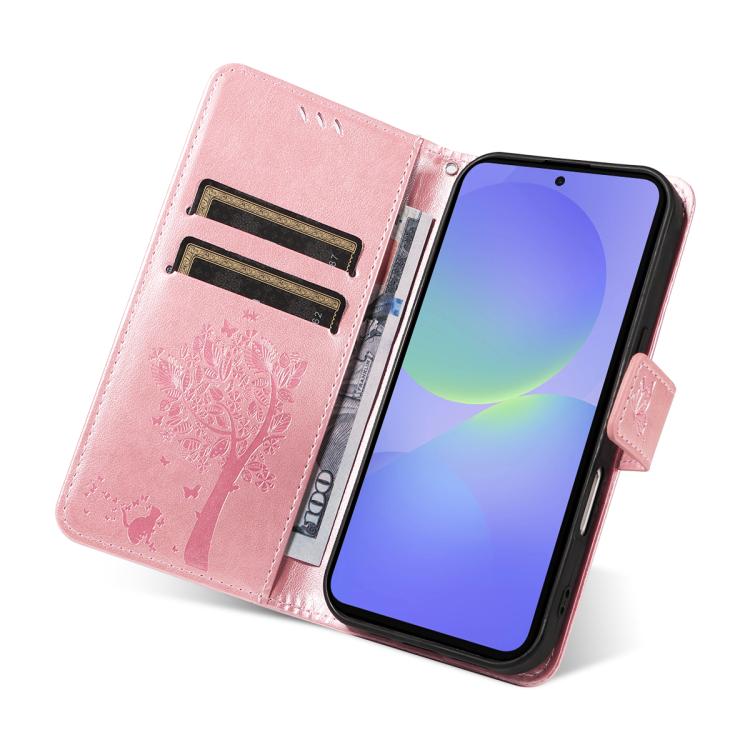For Samsung Galaxy A37 5G Tree & Cat Embossed Pattern Flip Leather Phone Case