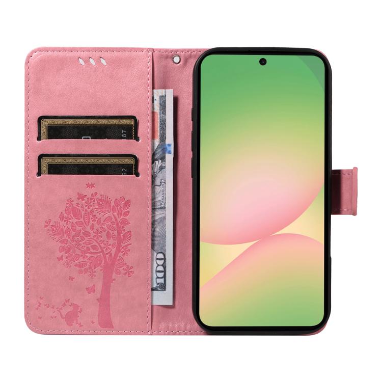 For Samsung Galaxy A57 5G Tree & Cat Embossed Pattern Flip Leather Phone Case