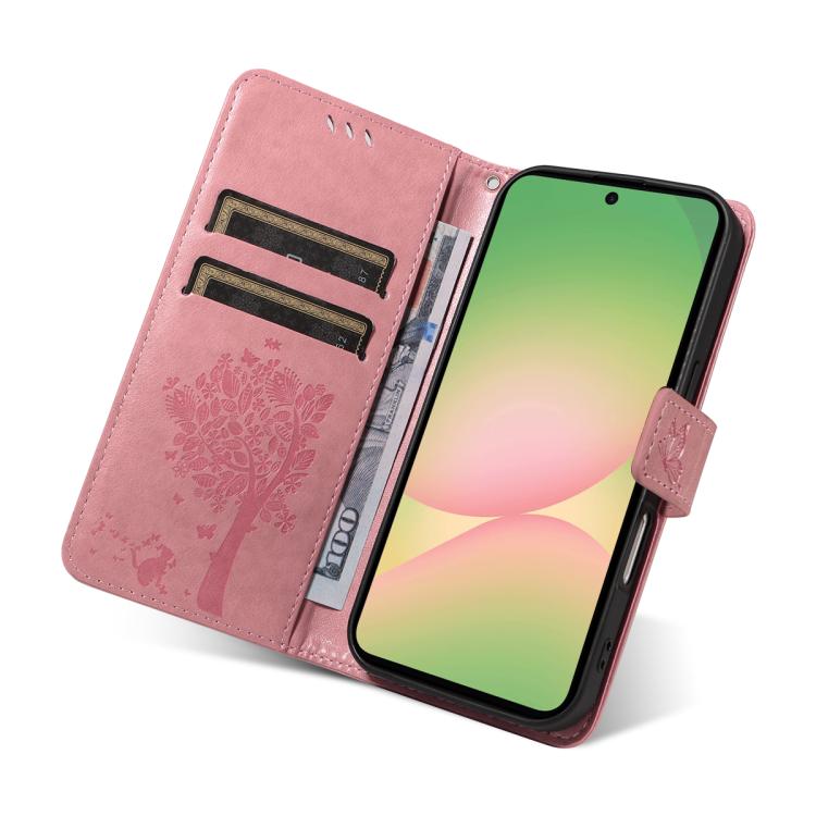 For Samsung Galaxy A57 5G Tree & Cat Embossed Pattern Flip Leather Phone Case
