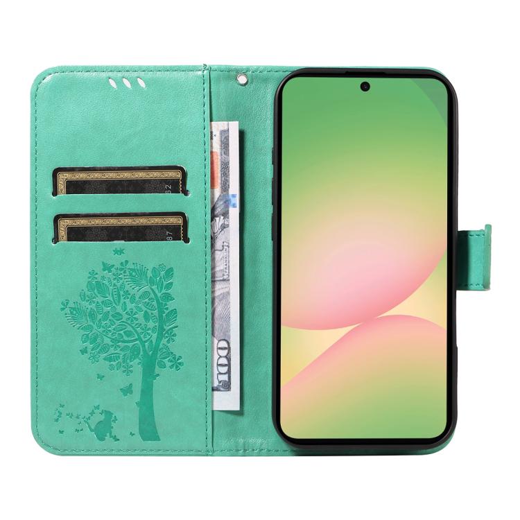 For Samsung Galaxy A57 5G Tree & Cat Embossed Pattern Flip Leather Phone Case