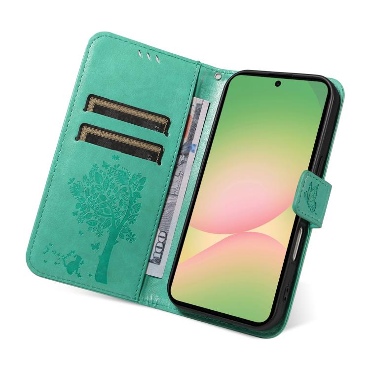 For Samsung Galaxy A57 5G Tree & Cat Embossed Pattern Flip Leather Phone Case