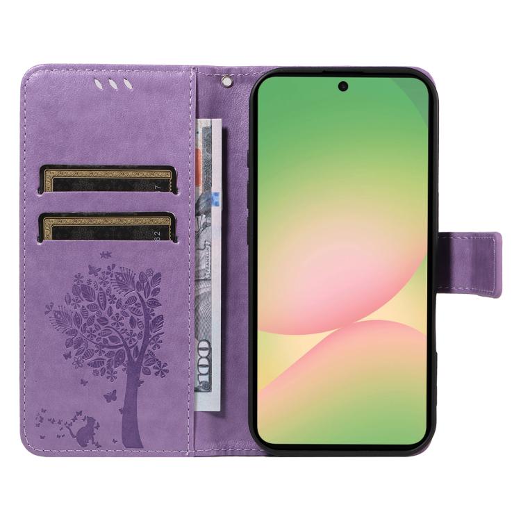 For Samsung Galaxy A57 5G Tree & Cat Embossed Pattern Flip Leather Phone Case