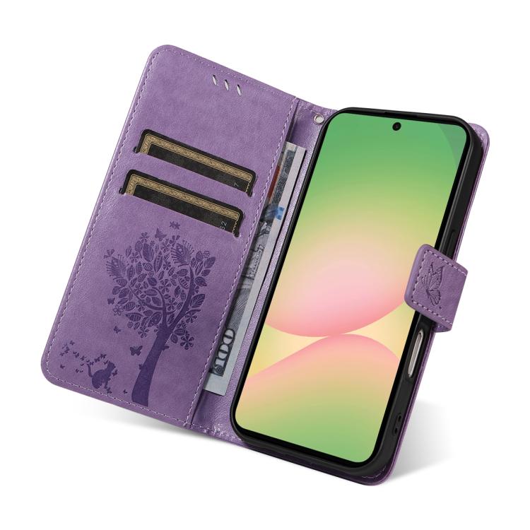 For Samsung Galaxy A57 5G Tree & Cat Embossed Pattern Flip Leather Phone Case