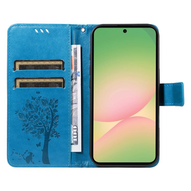 For Samsung Galaxy A57 5G Tree & Cat Embossed Pattern Flip Leather Phone Case