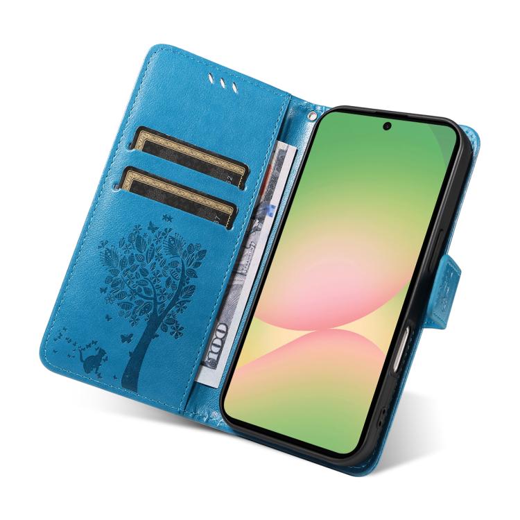 For Samsung Galaxy A57 5G Tree & Cat Embossed Pattern Flip Leather Phone Case