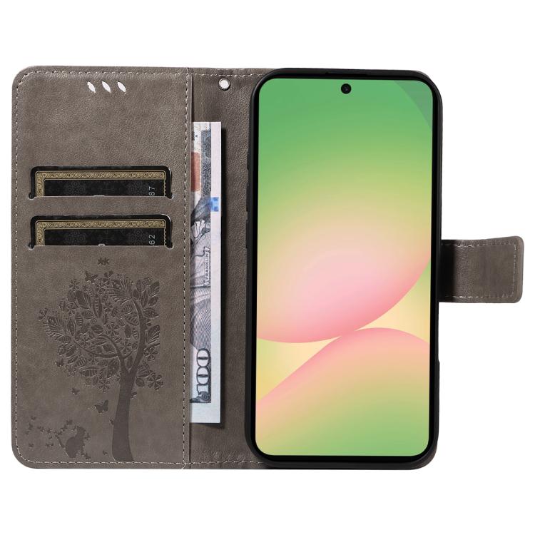 For Samsung Galaxy A57 5G Tree & Cat Embossed Pattern Flip Leather Phone Case