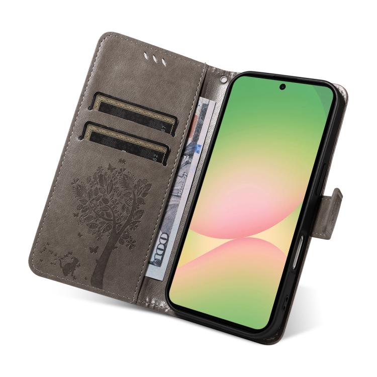For Samsung Galaxy A57 5G Tree & Cat Embossed Pattern Flip Leather Phone Case