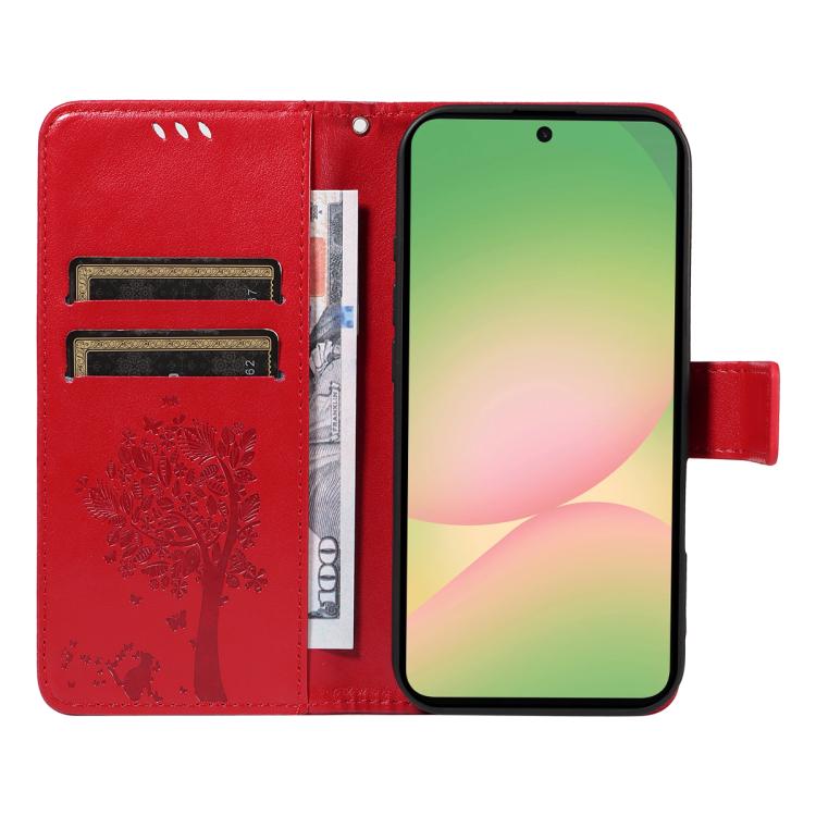 For Samsung Galaxy A57 5G Tree & Cat Embossed Pattern Flip Leather Phone Case