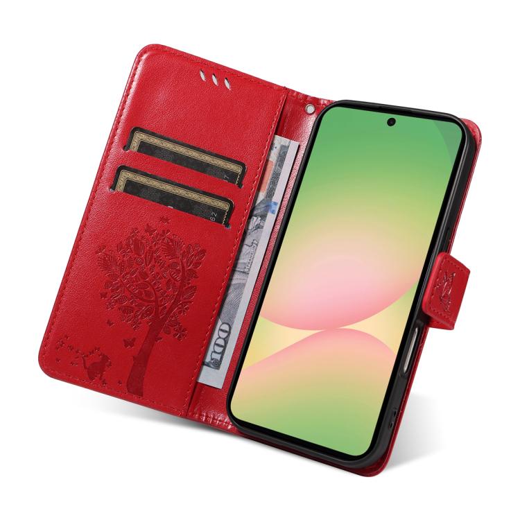 For Samsung Galaxy A57 5G Tree & Cat Embossed Pattern Flip Leather Phone Case