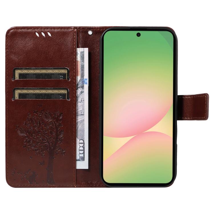 For Samsung Galaxy A57 5G Tree & Cat Embossed Pattern Flip Leather Phone Case