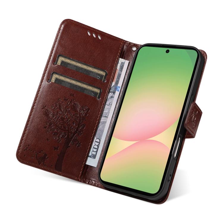 For Samsung Galaxy A57 5G Tree & Cat Embossed Pattern Flip Leather Phone Case