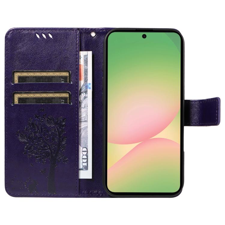 For Samsung Galaxy A57 5G Tree & Cat Embossed Pattern Flip Leather Phone Case