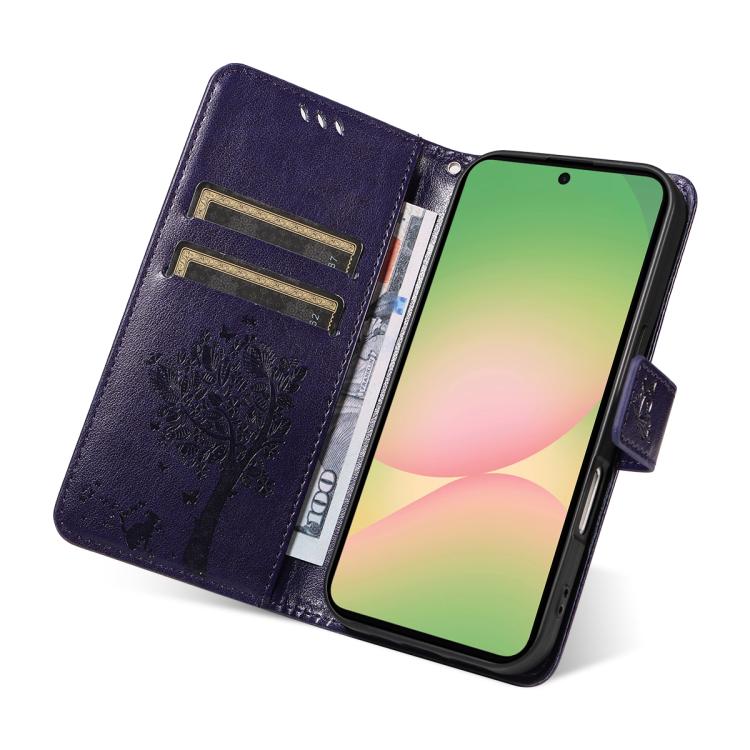For Samsung Galaxy A57 5G Tree & Cat Embossed Pattern Flip Leather Phone Case