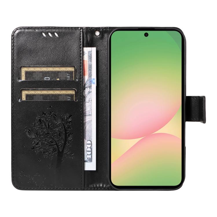 For Samsung Galaxy A57 5G Tree & Cat Embossed Pattern Flip Leather Phone Case