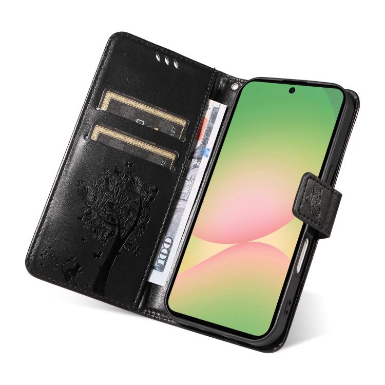 For Samsung Galaxy A57 5G Tree & Cat Embossed Pattern Flip Leather Phone Case