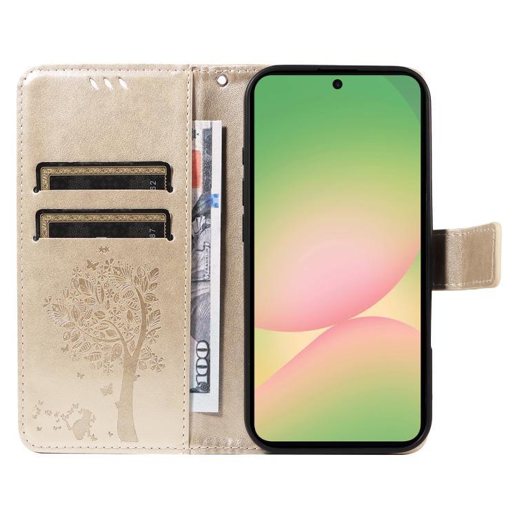 For Samsung Galaxy A57 5G Tree & Cat Embossed Pattern Flip Leather Phone Case