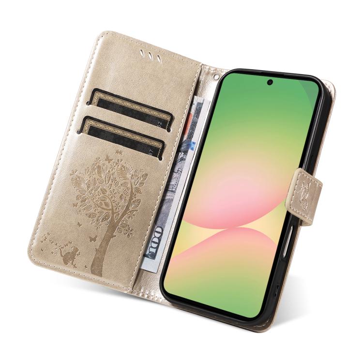 For Samsung Galaxy A57 5G Tree & Cat Embossed Pattern Flip Leather Phone Case