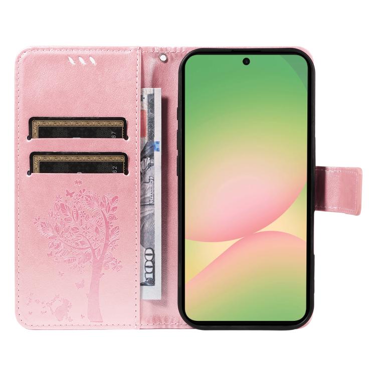 For Samsung Galaxy A57 5G Tree & Cat Embossed Pattern Flip Leather Phone Case