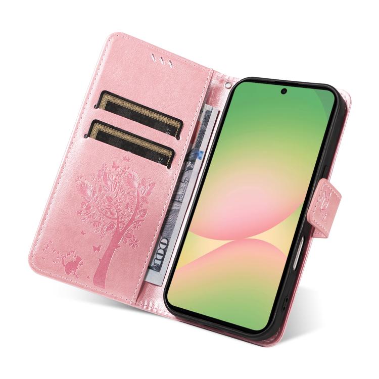 For Samsung Galaxy A57 5G Tree & Cat Embossed Pattern Flip Leather Phone Case