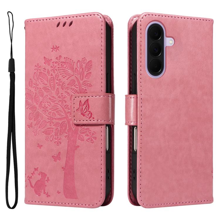For Galaxy A27 5G Tree & Cat Embossed Pattern Flip Leather Phone Case