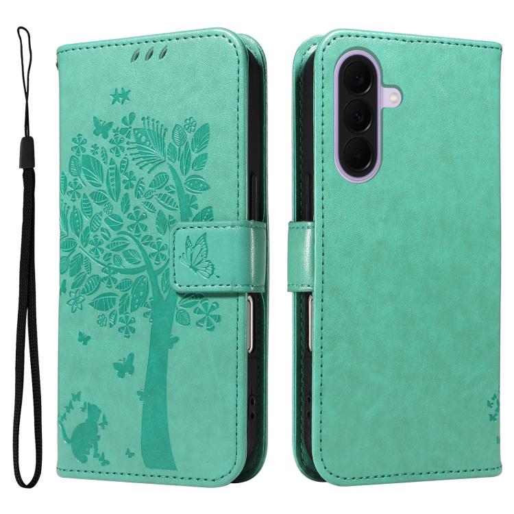 For Galaxy A27 5G Tree & Cat Embossed Pattern Flip Leather Phone Case